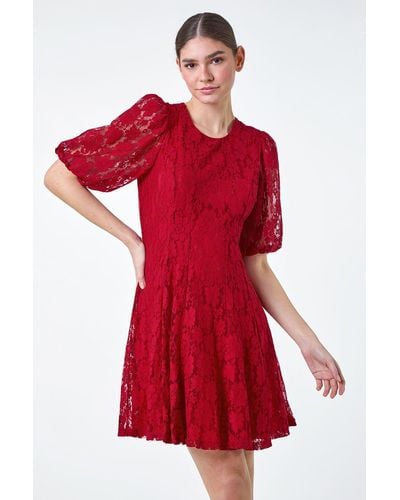 Roman Cotton Blend Lace Bell Sleeve Dress - Red