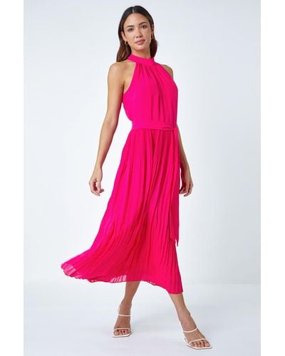 Roman Halterneck Pleated Chiffon Maxi Dress - Pink