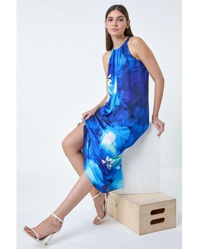 Roman Floral Print Halterneck Midi Dress - Blue