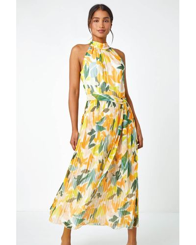 Roman Floral Halterneck Pleated Maxi Dress - Yellow