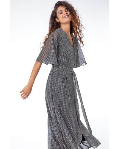 Roman Shimmer Spot Ruched Wrap Midi Dress - Grey