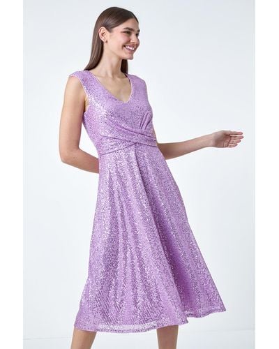 Roman Sequin Wrap Detail Midi Dress - Purple