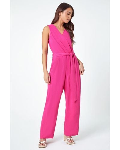Roman Petite Plain Stretch Wrap Jumpsuit - Pink