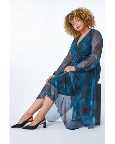 Roman Originals Curve Abstract Print Chiffon Wrap Dress - Blue
