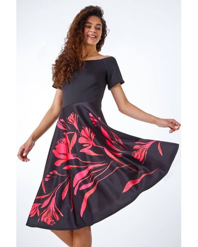 Roman Floral Fit Flare Bardot Dress in Black Lyst UK