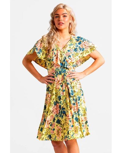 Roman Dusk Fashion Floral Frill Sleeve Belted Dress - Yellow