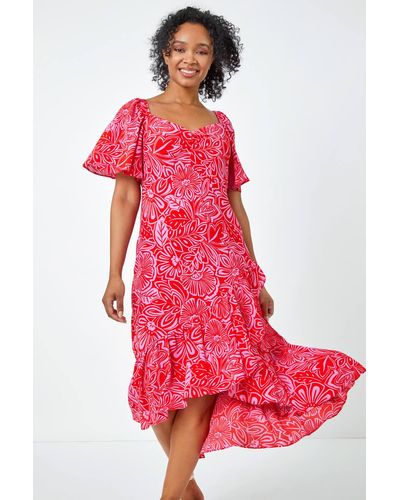 Roman Petite Floral Print Ruched Midi Dress - Red