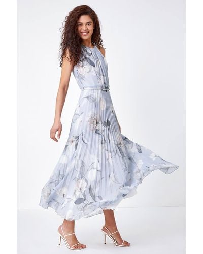 Roman Floral Pleated Maxi Occasion Wedding Guest Dress - Grey