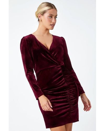 Roman Dusk Fashion Velvet Ruched Waist Stretch Wrap Dress - Red