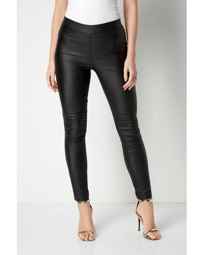 Roman Women's Faux Leather High Waisted Slim Fit Pull On Trousers - Black