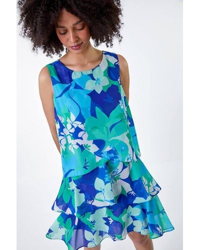 Roman Floral Print Tiered Layer Dress - Blue