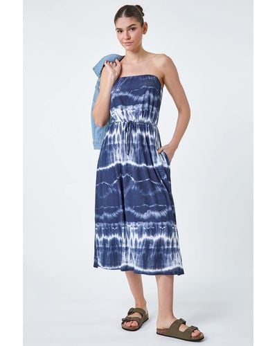 Roman Tie Dye Stretch Bandeau Midi Dress - Blue