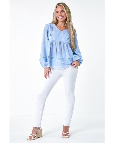 Roman Petite Embroidered Cotton Smock Top - Blue