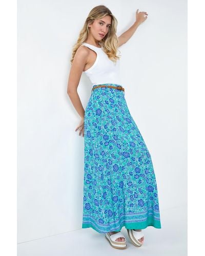 Roman Floral Print Belted Maxi Skirt - Blue