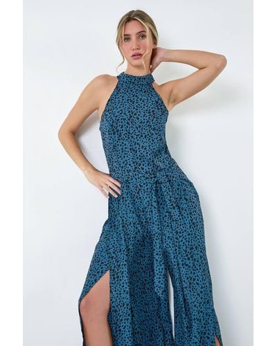 Roman Dusk Fashion Spot Halter Neck Side Split Jumpsuit - Blue