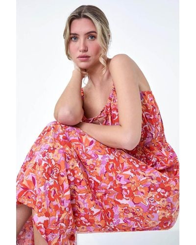 Roman Dusk Fashion Floral Print Shirred Midi Dress
