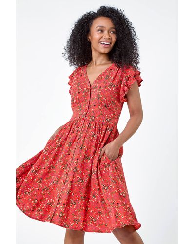 Roman Originals Petite Ditsy Floral Frill Pocket Dress - Red