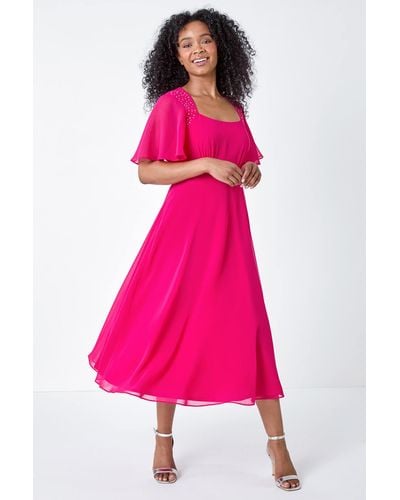 Roman Originals Petite Shimmer Pleated Chiffon Midi Dress - Pink