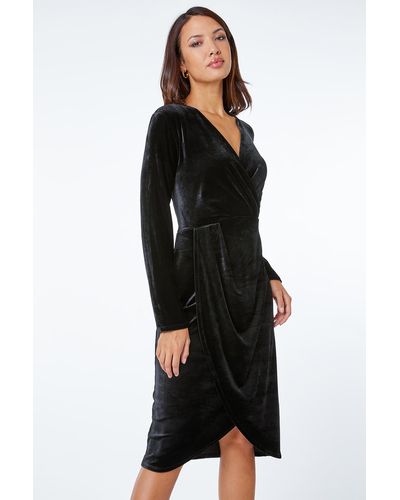 Roman Stretch Velvet Ruched Wrap Midi Dress - Black