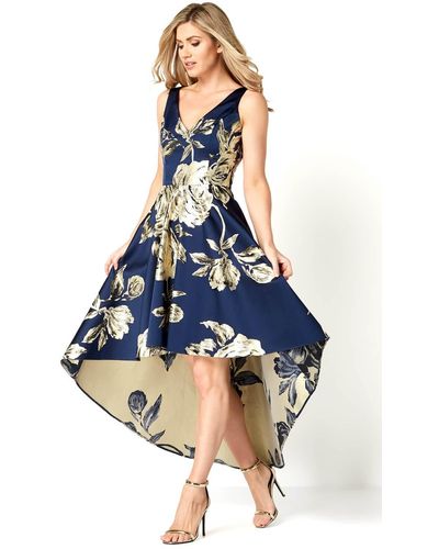 Roman Jacquard Rose Print Evening Gown Dress - Blue