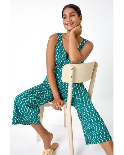 Roman Belted Wave Print Cropped Jumpsuit - Green