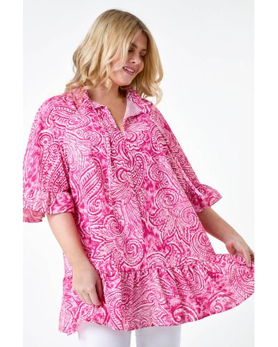 Roman Curve Paisley Frill Tie Detail Top - Pink