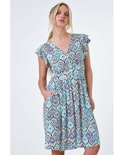 Roman Originals Petite Aztec Print Frill Pocket Dress - Blue