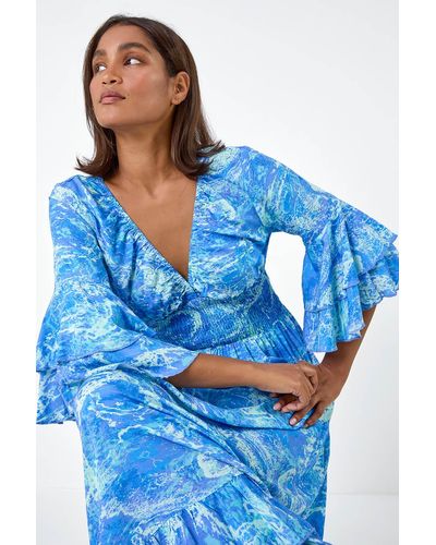 Roman Abstract Ruffle Detail Shirred Maxi Dress - Blue