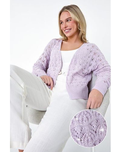 Roman Petite Shimmer Crochet Knit Cardigan - White