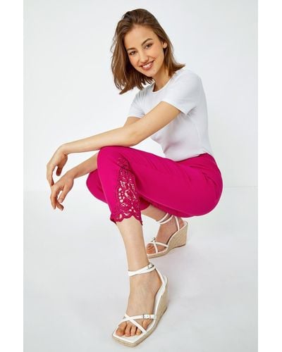 Roman Lace Insert Crop Stretch Trousers - Pink