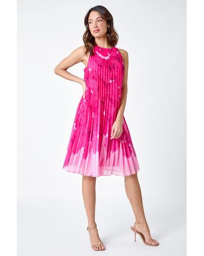 Roman Floral Halter Neck Pleated Chiffon Swing Dress - Pink