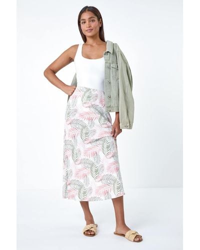 Roman Leaf Print Linen Blend A-line Skirt - White