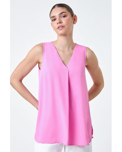 Roman V-neck Sleeveless Pleat Vest Top - Pink