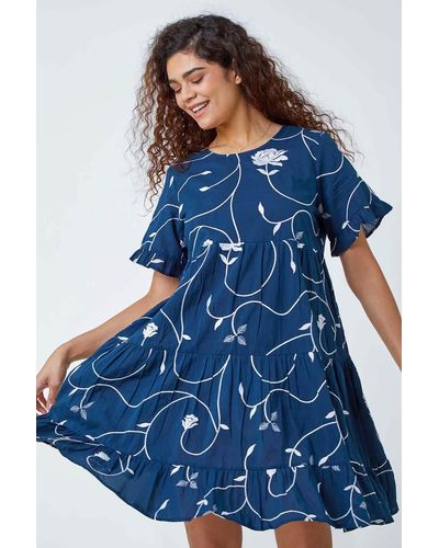 Roman Cotton Embroidered Tiered Smock Dress - Blue