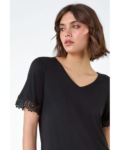 Roman Lace Trim Stretch Jersey T-shirt - Black
