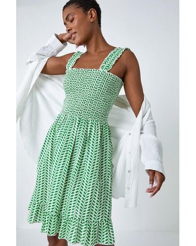 Roman Zig Zag Print Shirred Cotton Dress - Green