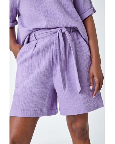 Roman Textured Tie Waist Cotton Shorts - Purple
