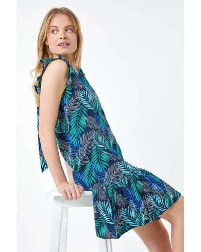 Roman Leaf Print Linen Blend Frill Detail Dress - Blue
