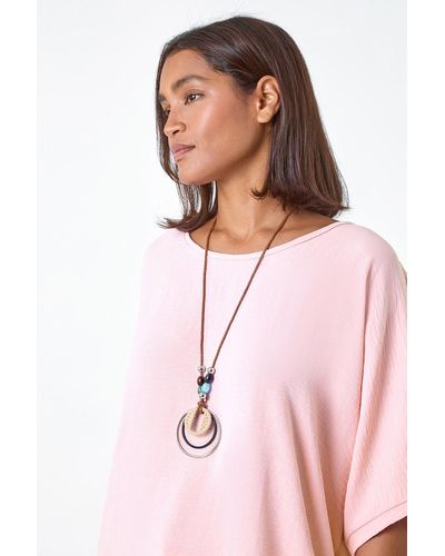 Roman Plain Tunic Top With Necklace - Pink