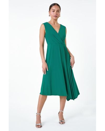 Roman Originals Petite Pleat Detail Stretch Wrap Dress - Green