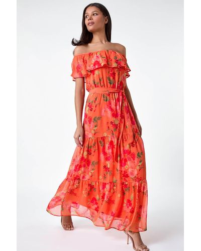 Roman Floral Tiered Bardot Belted Dress