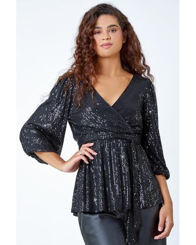 Yumi Black Sequin Top With Fluted Sleeve