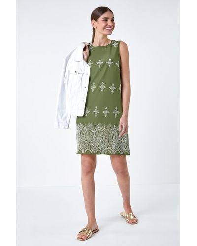 Roman Broderie Contrast Hem Cotton Shift Dress - Green