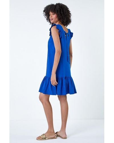 Roman Linen Blend Frill Detail Dress - Blue