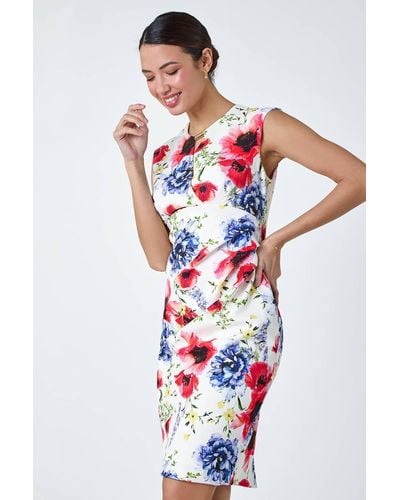 Roman Floral Print Ruched Shift Stretch Dress - White