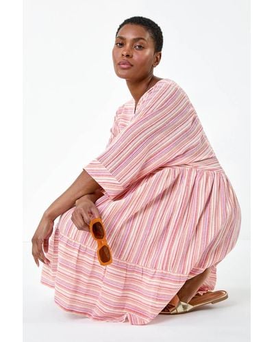 Roman Cotton Stripe Print Smock Dress - Pink