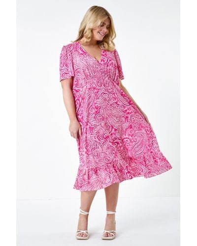 Roman Originals Curve Paisley Tiered Frill Midi Dress - Pink