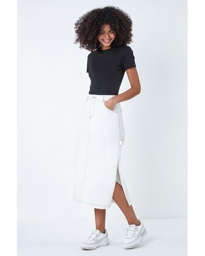 Roman Dusk Fashion Cotton Denim Side Split Midi Skirt - White