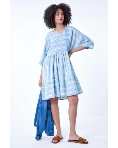Roman Cotton Stripe Print Smock Dress - Blue