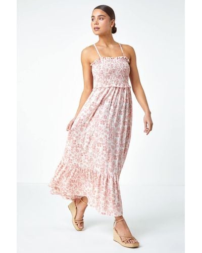 Roman Originals Petite Floral Print Shirred Maxi Dress - Pink